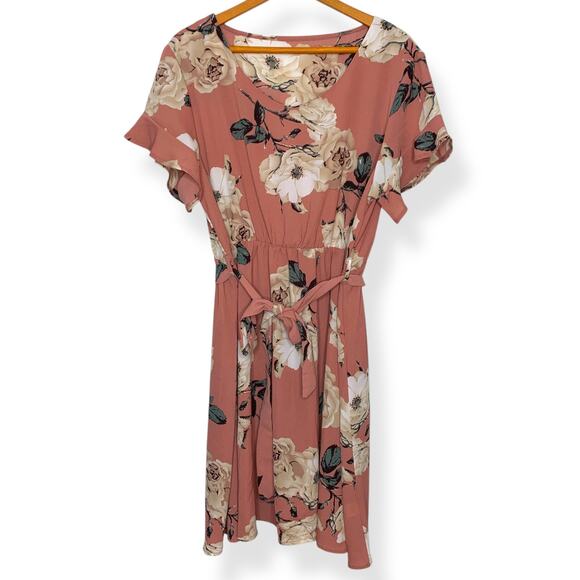 SHEIN Dresses & Skirts - 3/$20 NWOT Shein plus size pink floral print tie belt ruffle sleeve dress SZ 3X